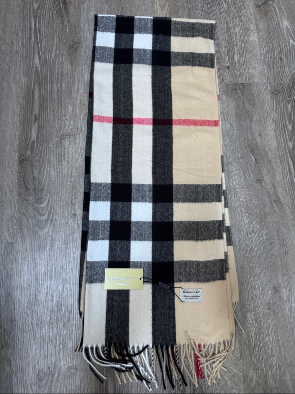 Burberry Beige, Black & White Cashmere Check Scarf with Red Accent